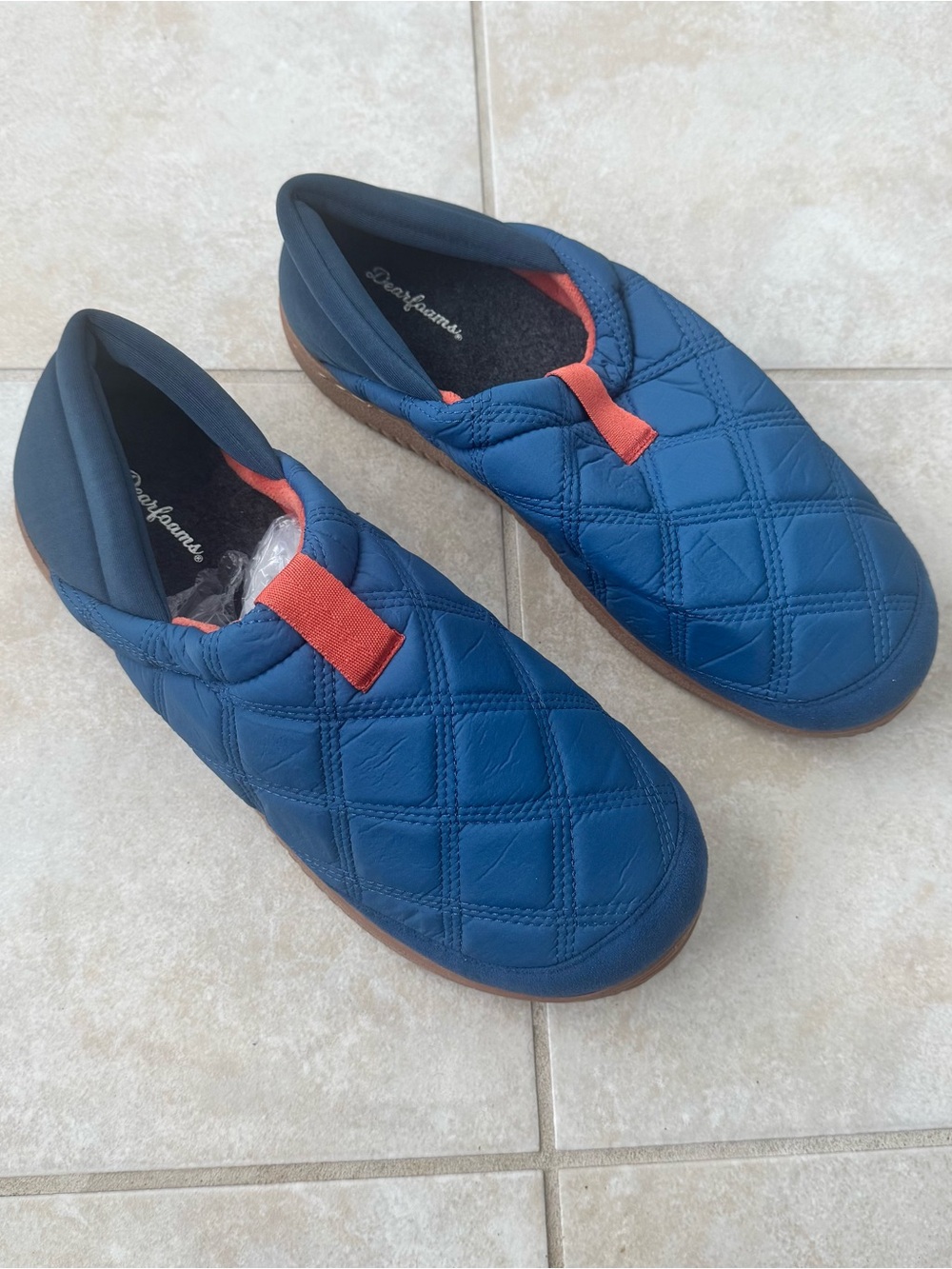 Dearfoams Quilted Nylon Slippers Mens M 9-10 Navy Blue Camp Shoes Moccasins
